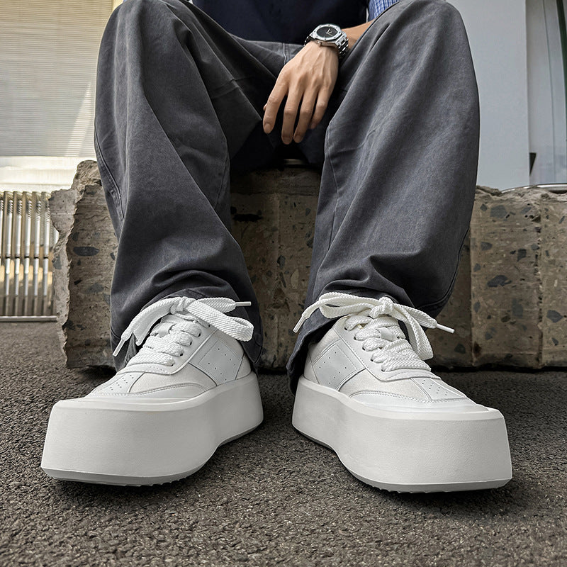 Men's White Summer Breathable Thick Sole Height Increasing Fashion Men's Casual Leather Shoes
