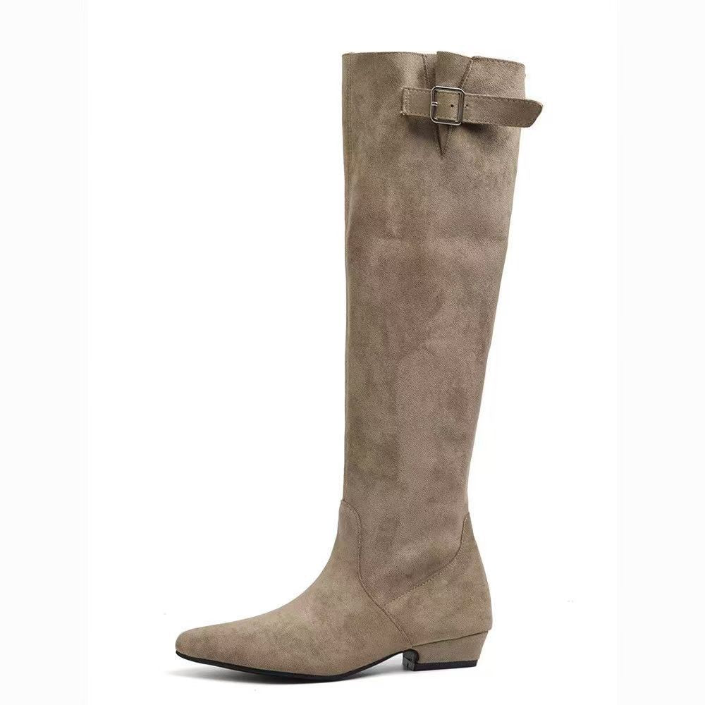 Below The Knee Long Female Suede Elegant Belt Buckle Slimming Heels