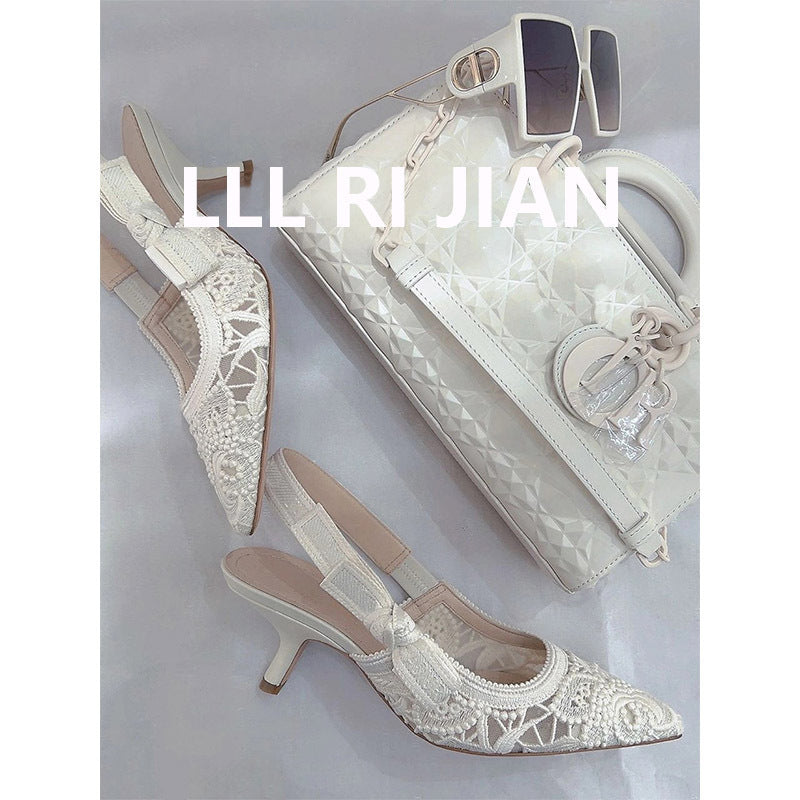 Women's Lace Embroidered Toe Box Mid Kitten High Heeled Sandals