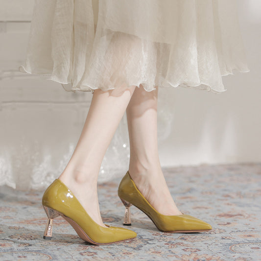 Women's French Elegance Olive Yellow Pointed High Spring Patent Commuter Stiletto Women's Fashion Shoes
