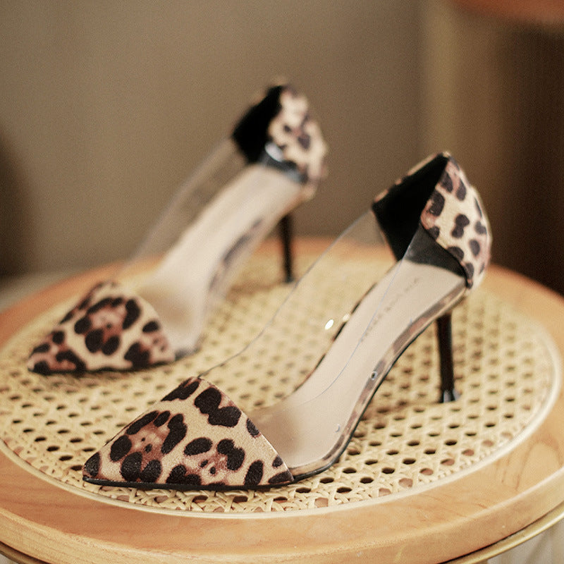 Women's Leopard Pointed High Slip-on Elegant Transparent Stiletto Pumps Large Women's Fashion Shoes