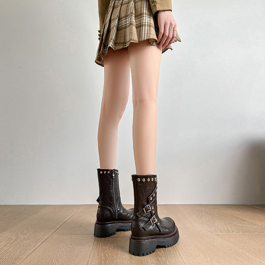 Women's Platform Ankle Trendy Cool For Brushed Retro Riveting Machine Boots