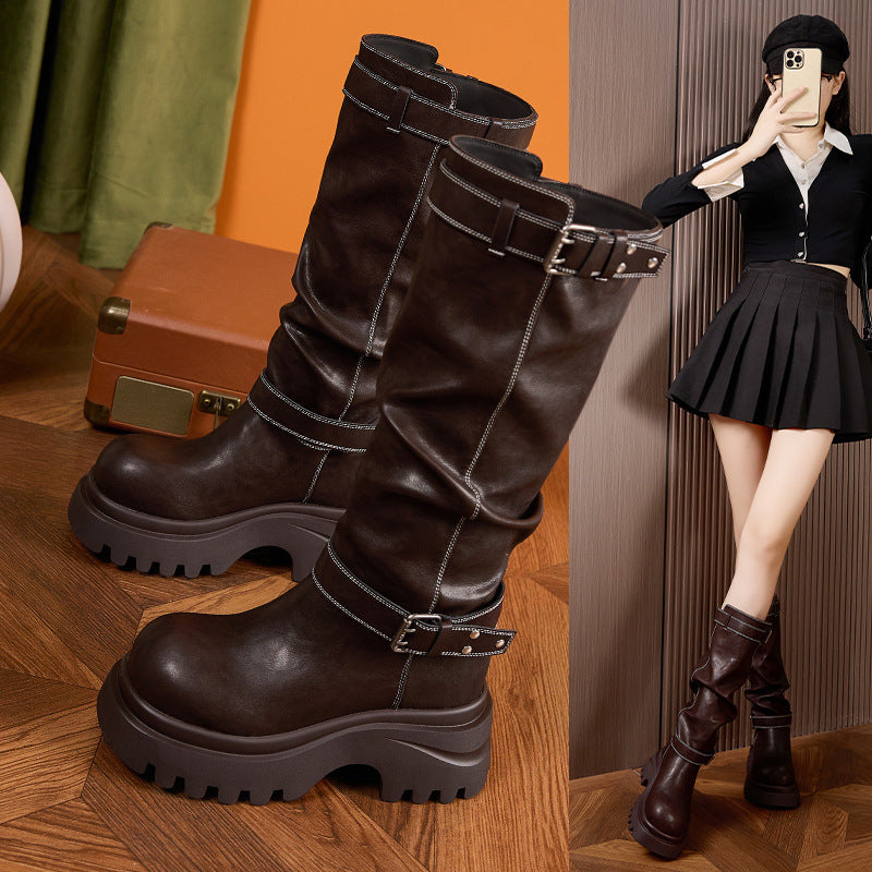 Women's Fleece-lined Warm High Leg Height Increasing Insole Women's Leather Boots