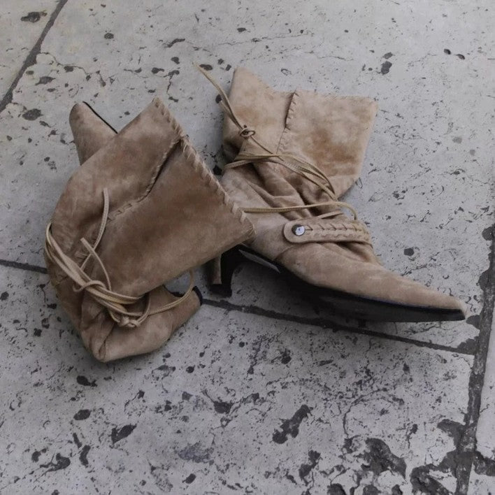 Women's Nomadic Niche Suede Square Toe High Western Cowboy Pleated Skinny Women's Leather Boots