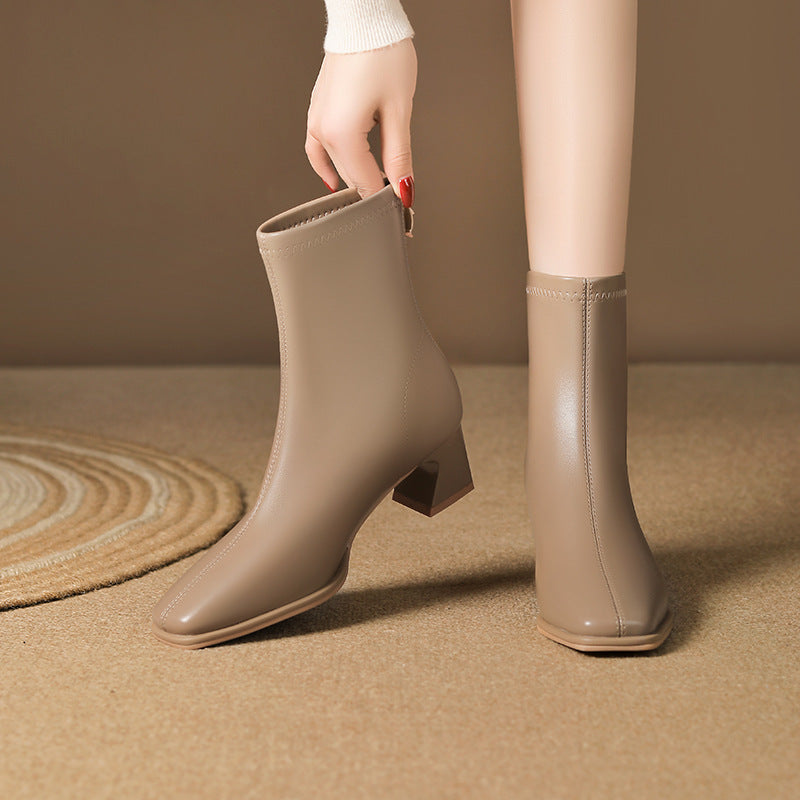 Women's Style Chunky Short Commuter Back Zipper Elastic Square Toe Boots