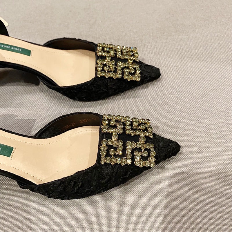 Women's Spring Rhinestone Square Buckle Satin Pointed High Women's Fashion Shoes