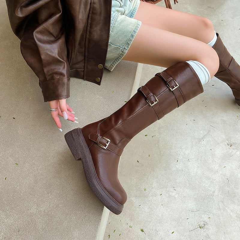 Women's Platform Knee-high Western Cowboy Tall Knight Waste Soil Round Head Heels