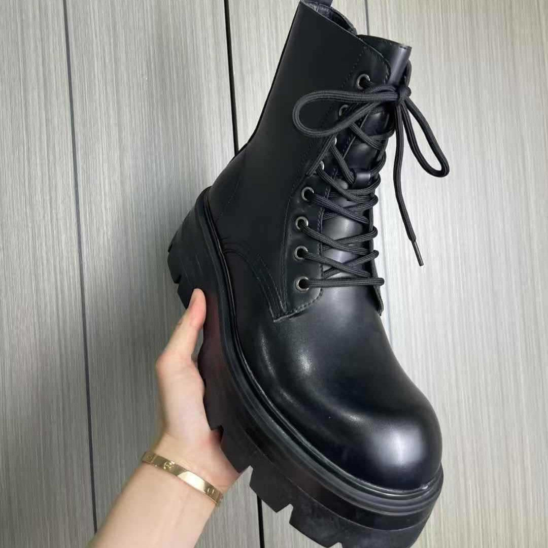 Men's British Style Black Side Zip Platform Motorcycle Boots