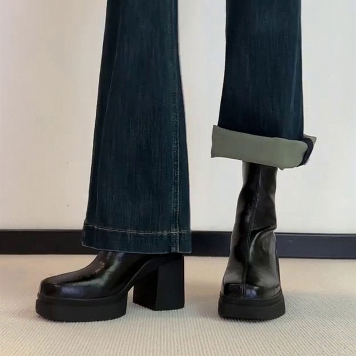 Women's Toe High Thin Chunky French Ankle Women's Leather Boots