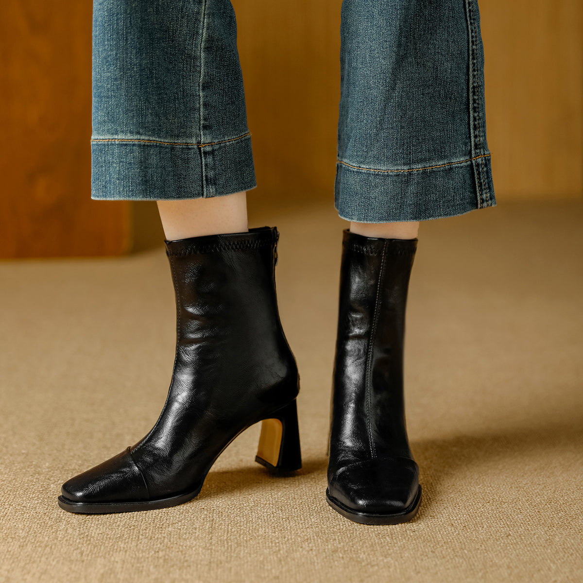 Women's Square Toe High Stretch Thin With Padded Lining Simple Women's Leather Boots