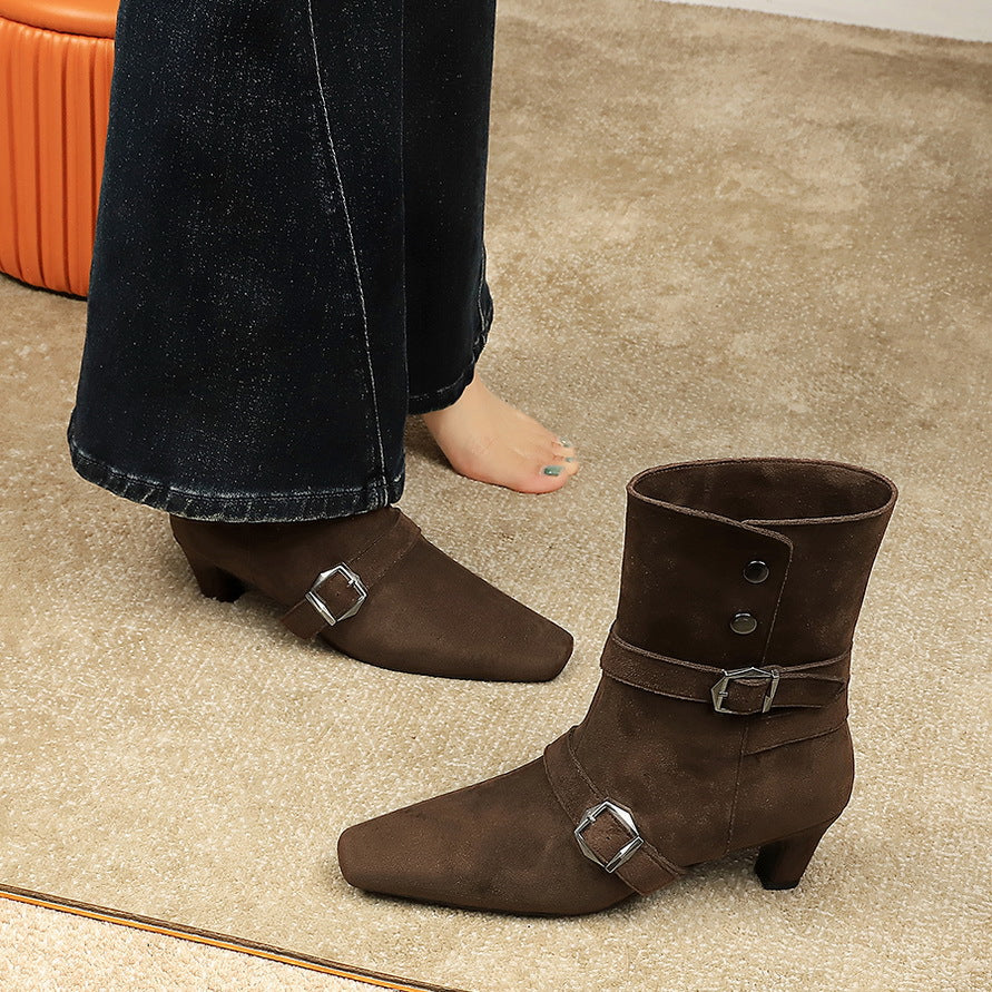 Women's Retro Design Fashion Square Toe Belt Buckle Minority Boots