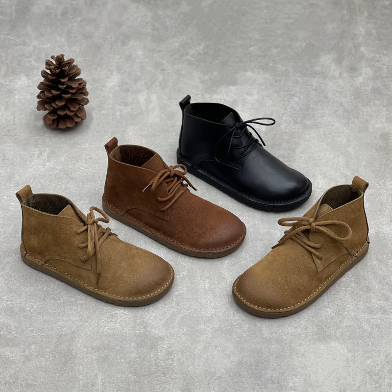 Women's First Layer Cowhide Artistic Crafts Matte Genuine Round Toe Flat Women's Leather Boots