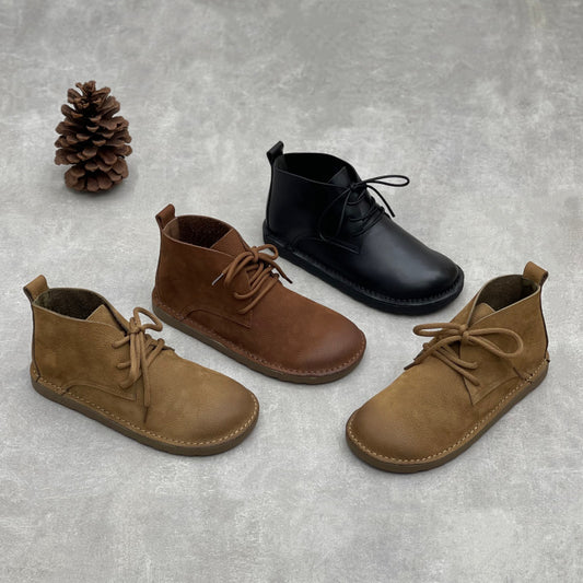 Women's First Layer Cowhide Artistic Crafts Matte Genuine Round Toe Flat Women's Leather Boots