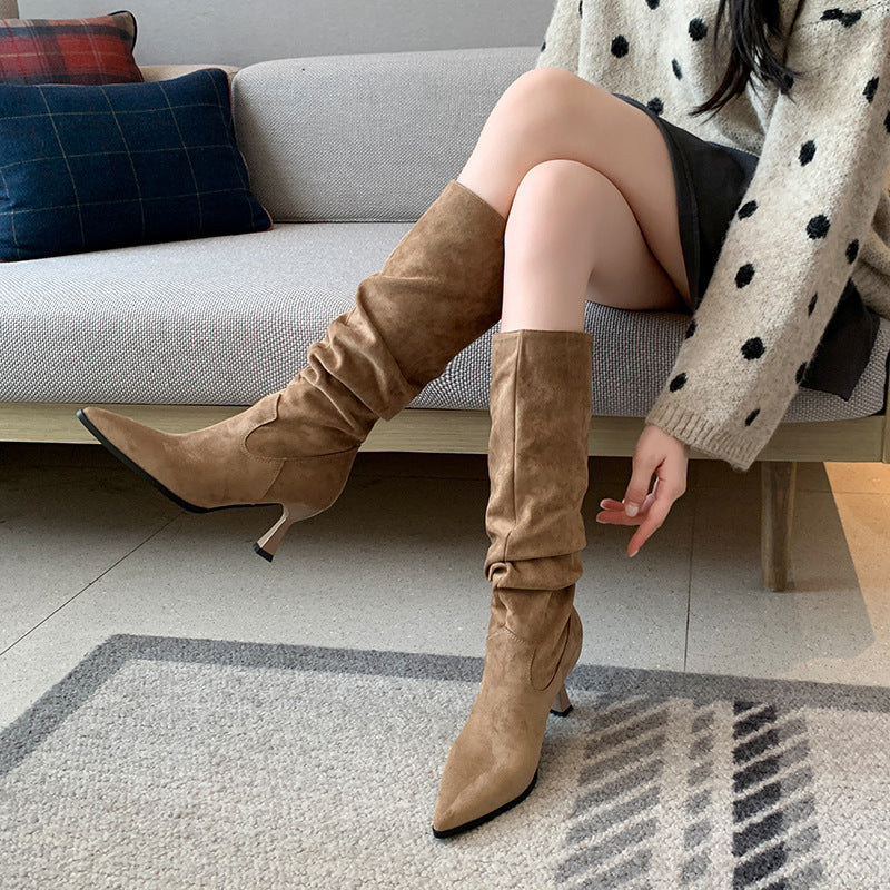 Women's Thick Leg Big Tube Circumference High Pointed Toe Pile Style Heels