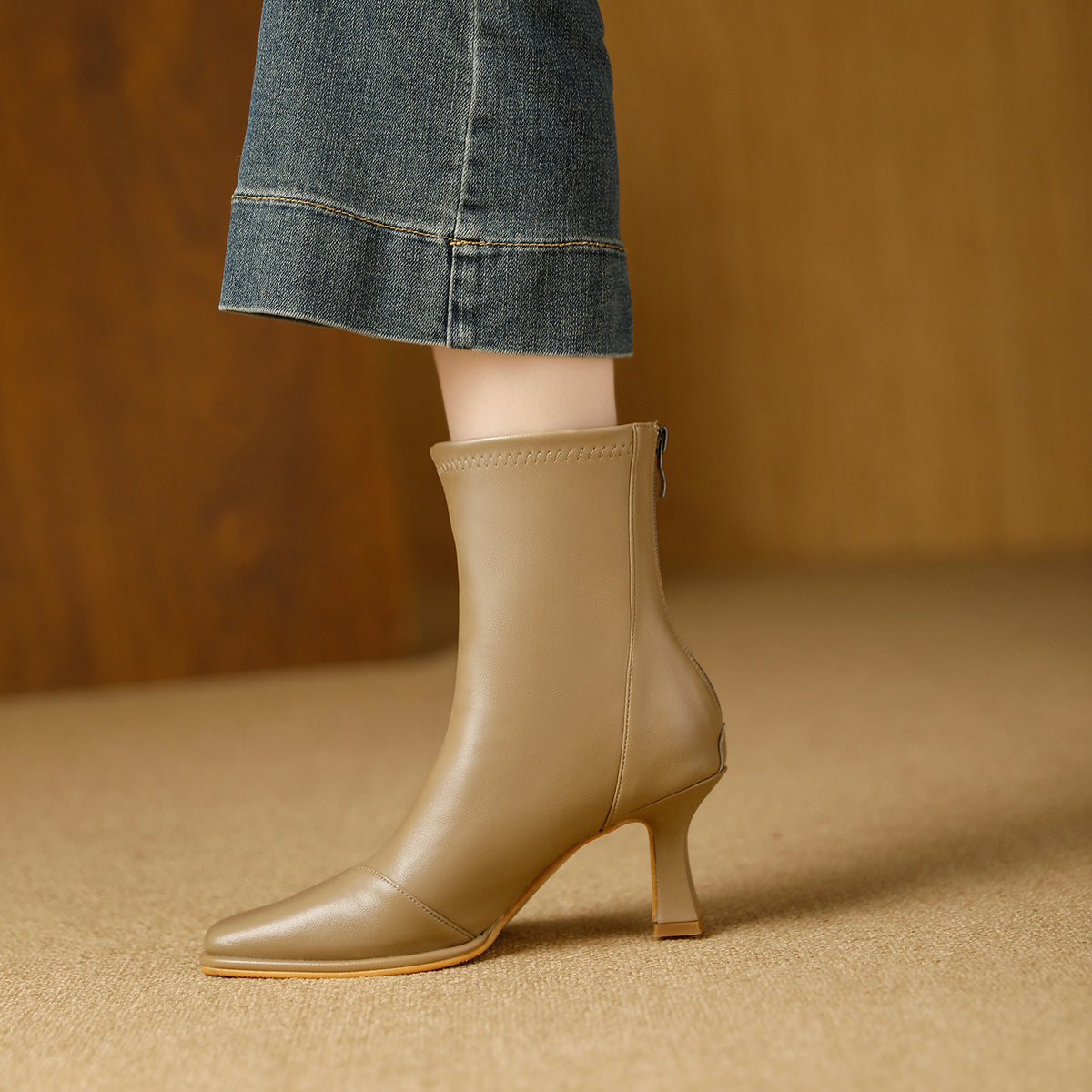 Women's Style High Stiletto Square Toe Back Zipper Graceful Fashionable Slimming Women's Leather Boots