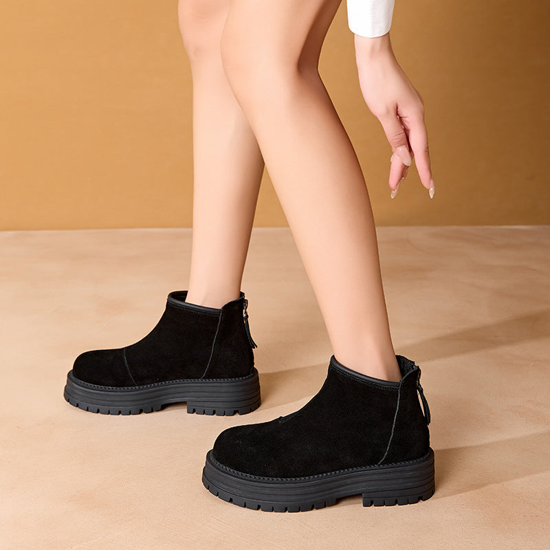 Women's Winter Vintage Fleece-lined Warm Side Zipper Frosted Cowhide Platform Women's Leather Boots
