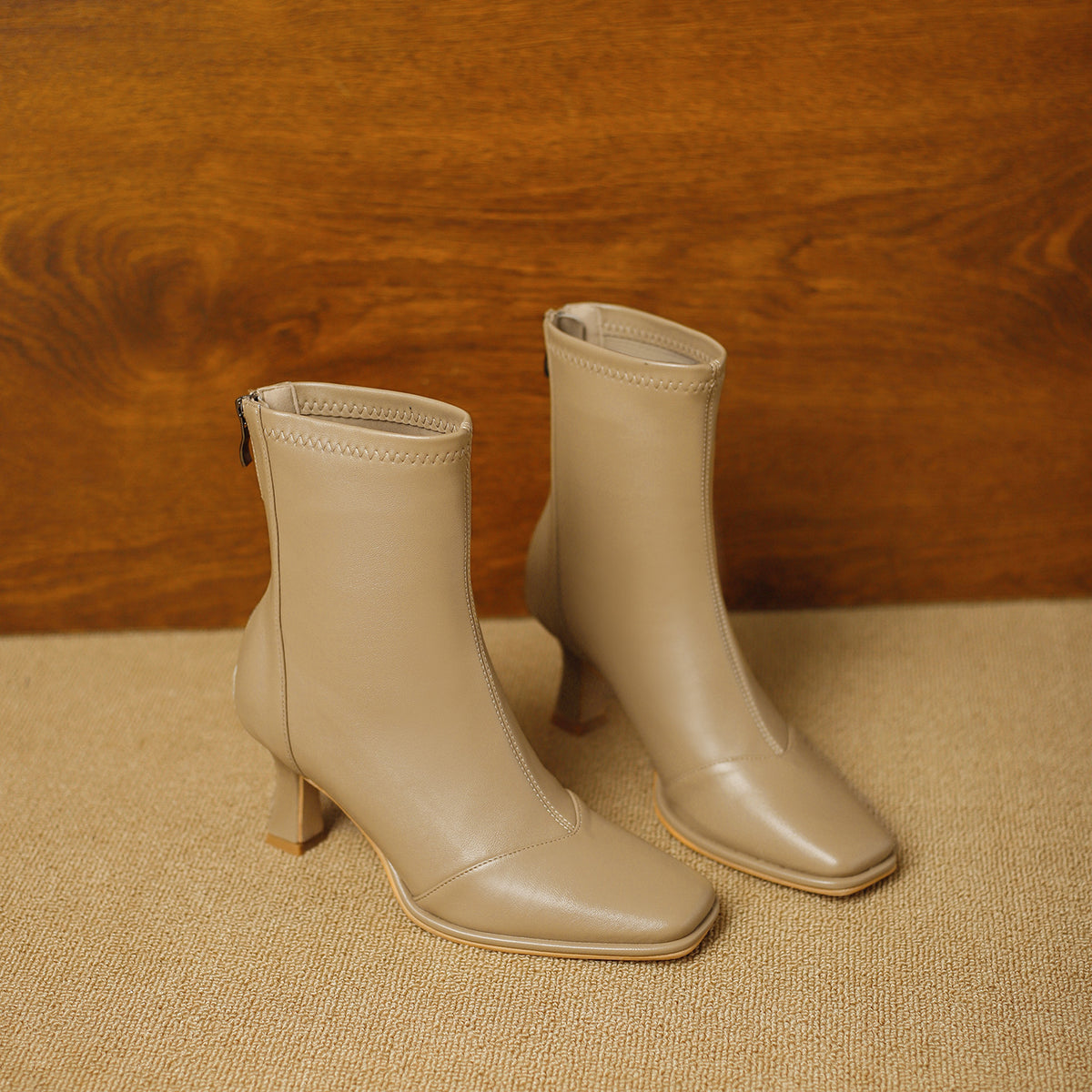 Women's Style High Stiletto Square Toe Back Zipper Graceful Fashionable Slimming Women's Leather Boots