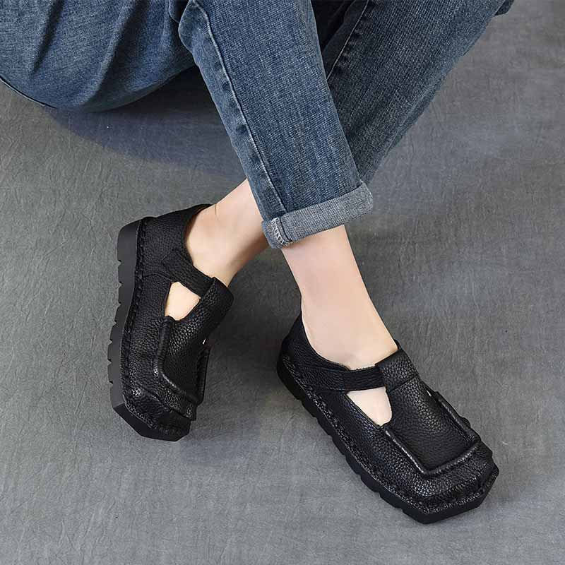 Women's First Layer Of Cowhide Soft Bottom Surface Square Toe Flat Women's Shoes