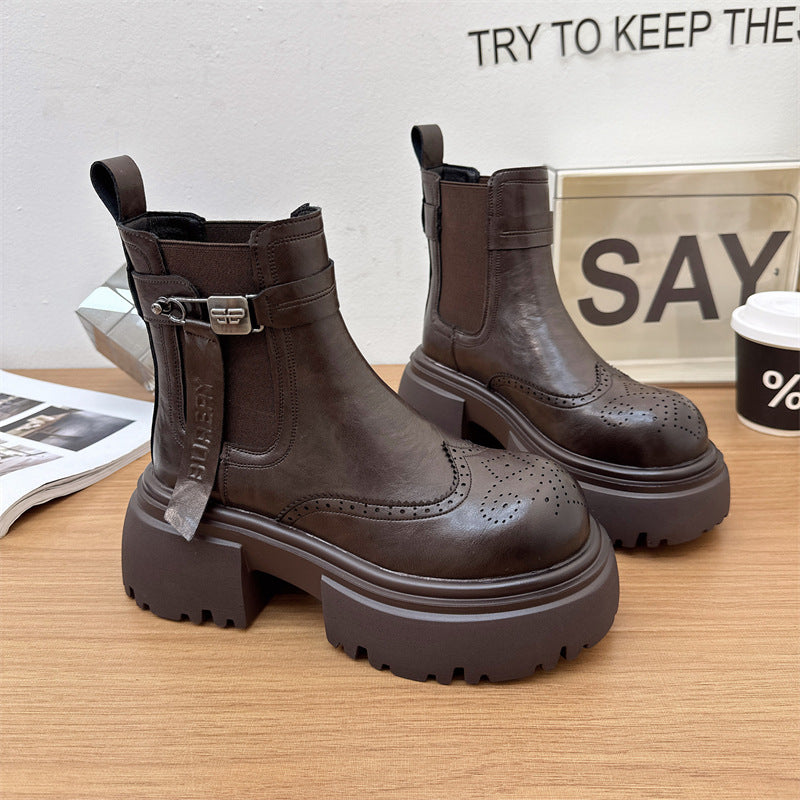 Women's Autumn British Style Thick Bottom Brogue Women's Leather Boots