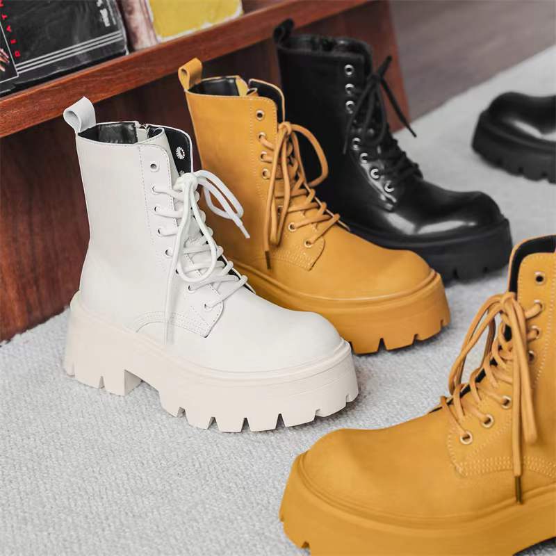 Men's British Style Black Side Zip Platform Motorcycle Boots