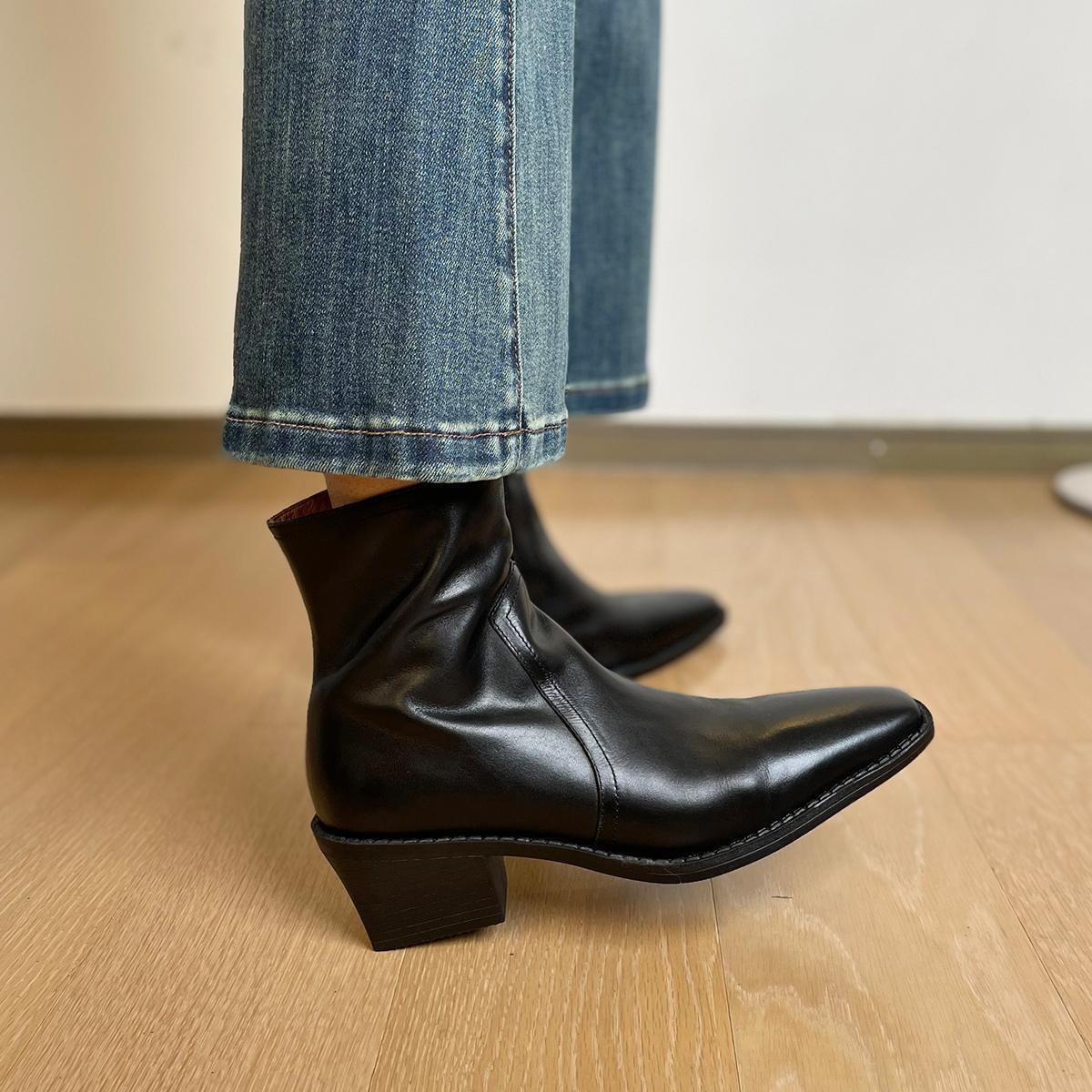 Women's Layer Cowhide Square Toe Short Chunky High British Women's Leather Boots