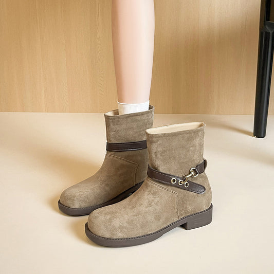 Women's Belt Buckle Ankle High-grade Denim Pile Women's Leather Boots