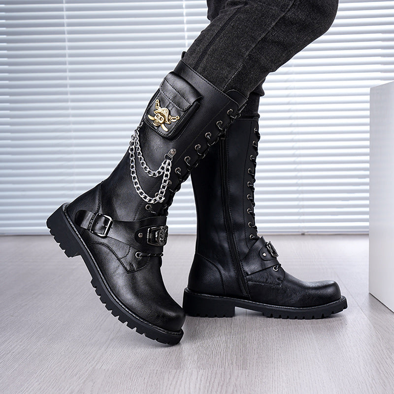 Men's Chain Cowboy Thick Bottom Trendy Stage Men's Leather Boots