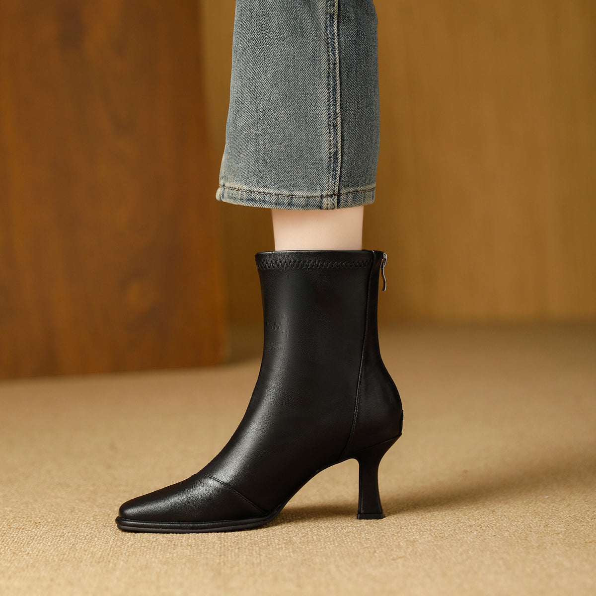 Women's Style High Stiletto Square Toe Back Zipper Graceful Fashionable Slimming Women's Leather Boots