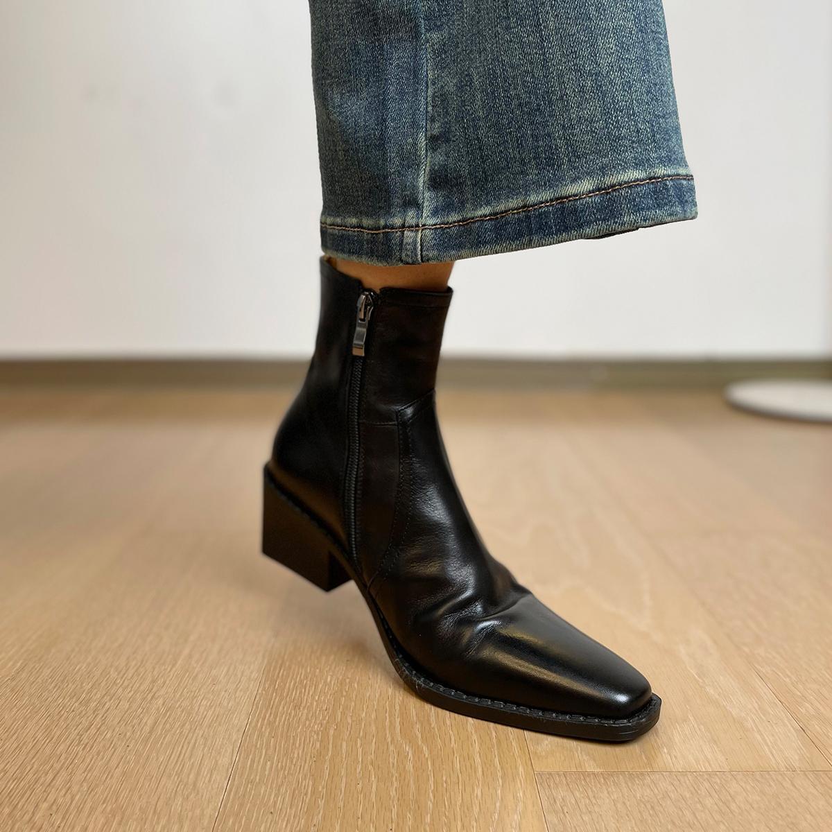 Women's Layer Cowhide Square Toe Short Chunky High British Women's Leather Boots