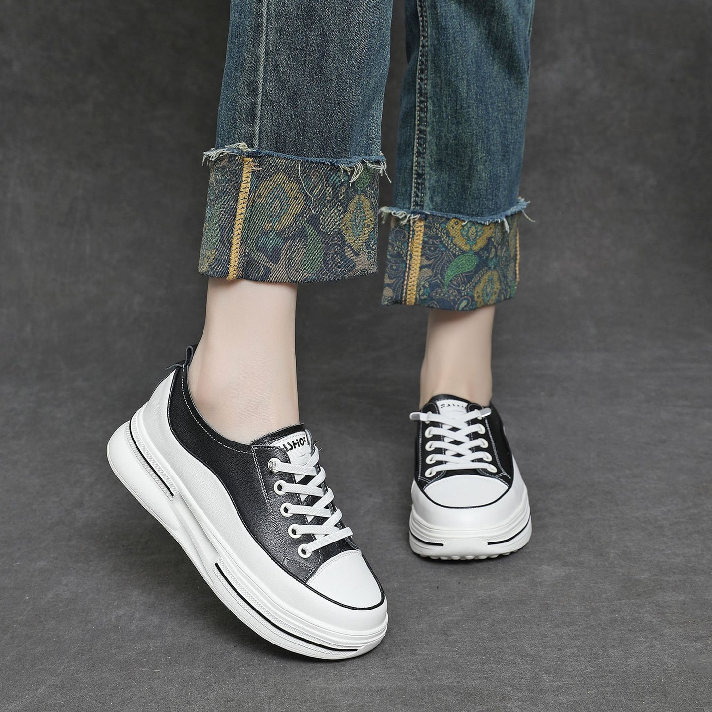 Women's Cowhide Easy Wear Thick Bottom Platform Sneakers