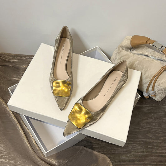 French Style Low Metallic Decorative Button Women's Fashion Shoes