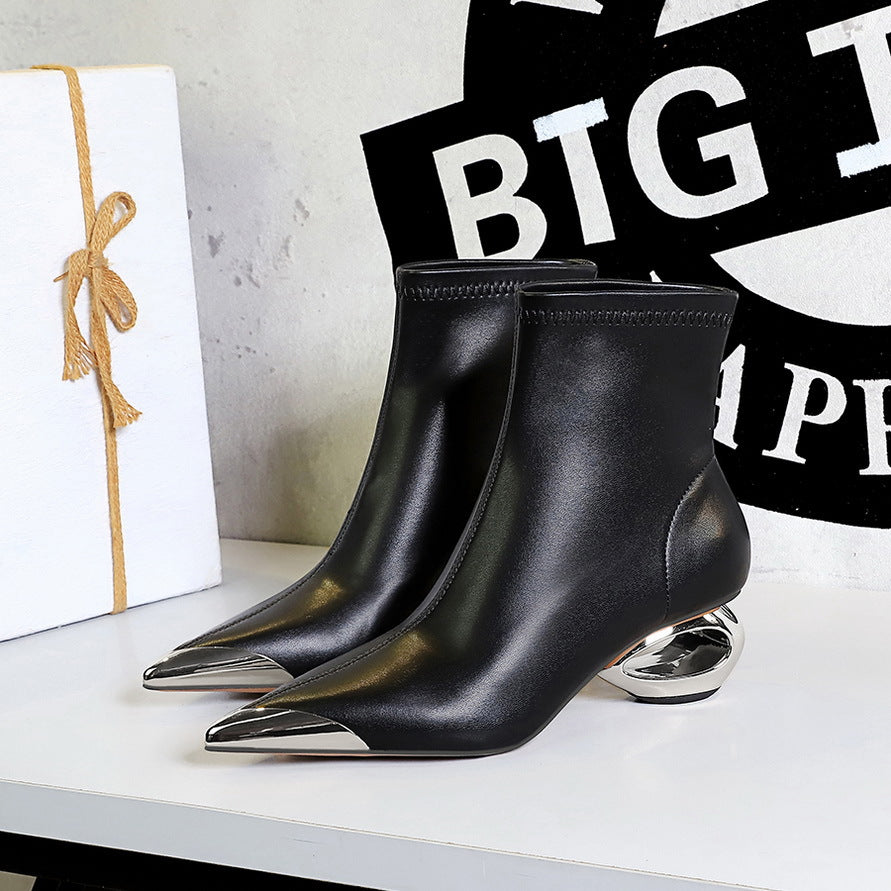 Banquet Bootie Female Metal Middle Pointed Women's Leather Boots
