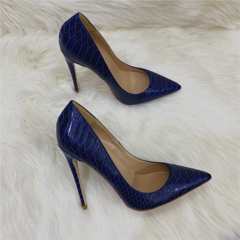 Blue With Snake Texture High Pointed Toe Stiletto Heels