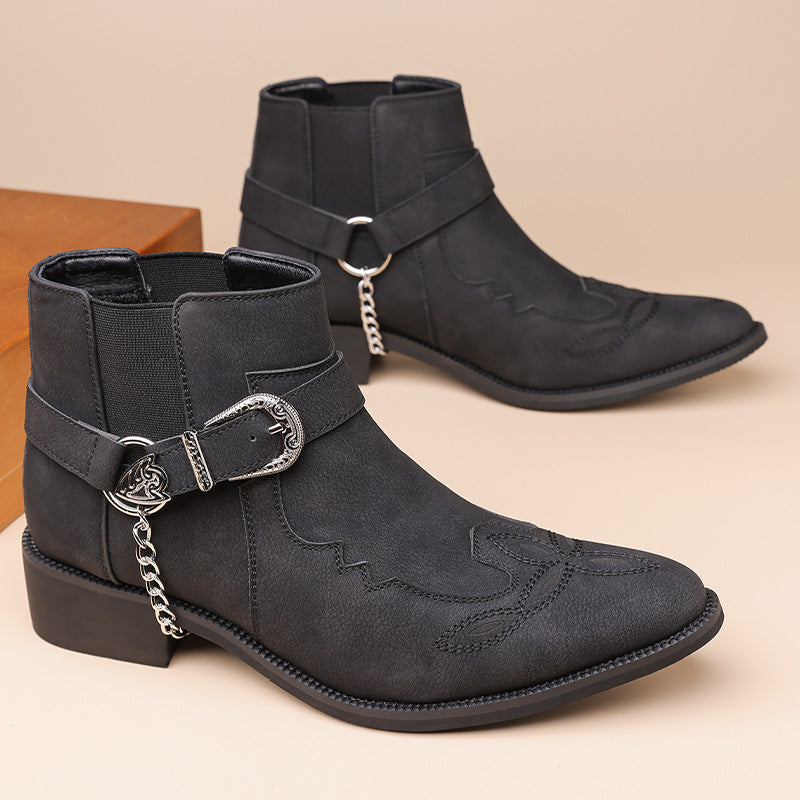 Men's Western Cowboy Matte Chelsea Punk Chain Buckle Men's Martin Boots