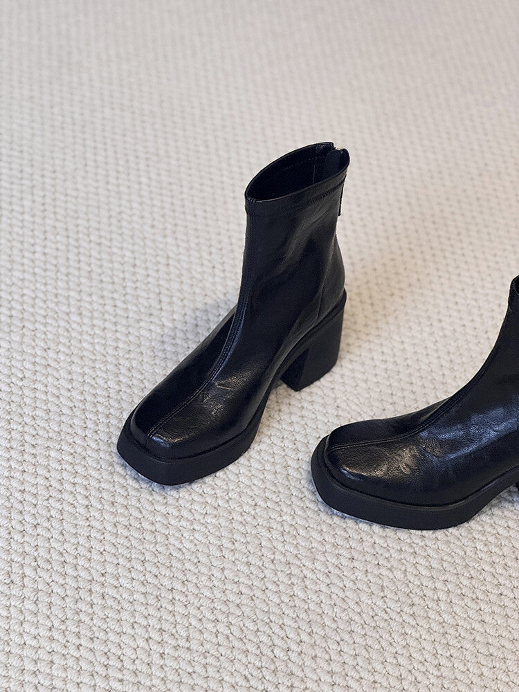 Women's Toe High Thin Chunky French Ankle Women's Leather Boots
