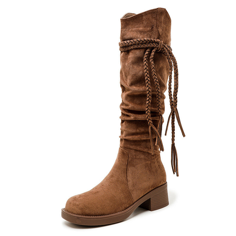 Version Long Female Retro Style Brown With Tassel Knight Round Heels
