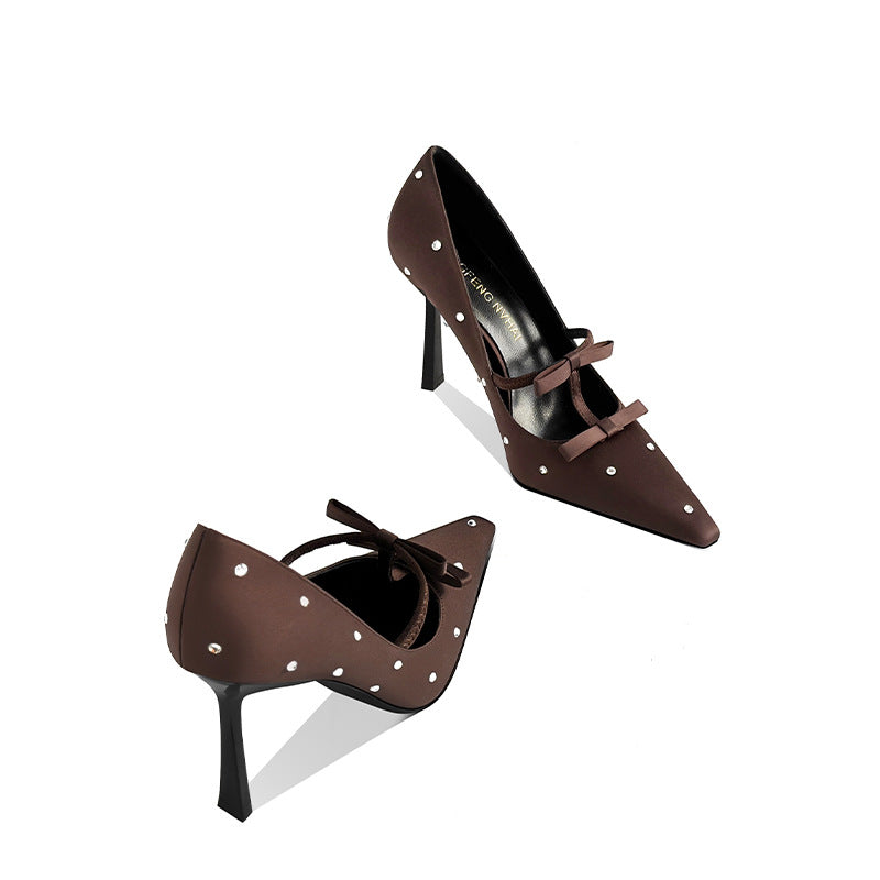 Women's Style Temperament Bow Black Crystal Pumps Women's Shoes