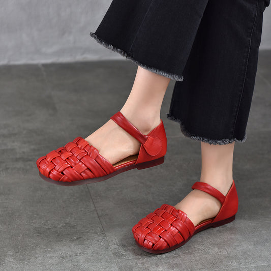 Women's Layer Cowhide Hand-woven Closed Toe Hollow With Strap Flat Sandals