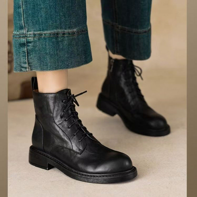 Women's Lace Up Martin For Mid British Style Round Toe Women's Leather Boots