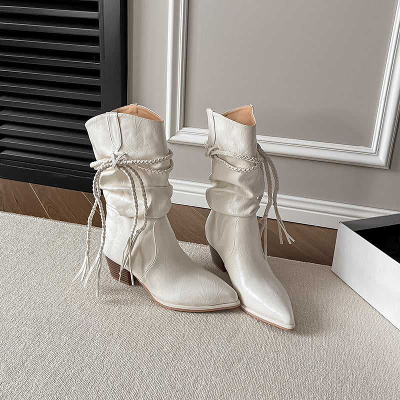 Women's High-grade Tassel Middle Pointed Toe Chunky Pile Boots