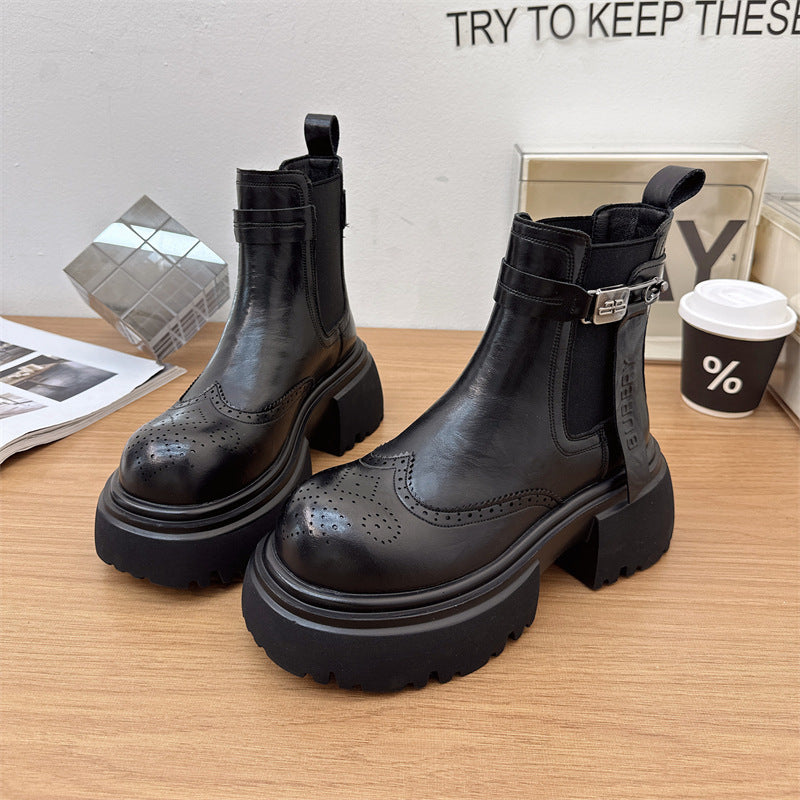 Women's Autumn British Style Thick Bottom Brogue Women's Leather Boots