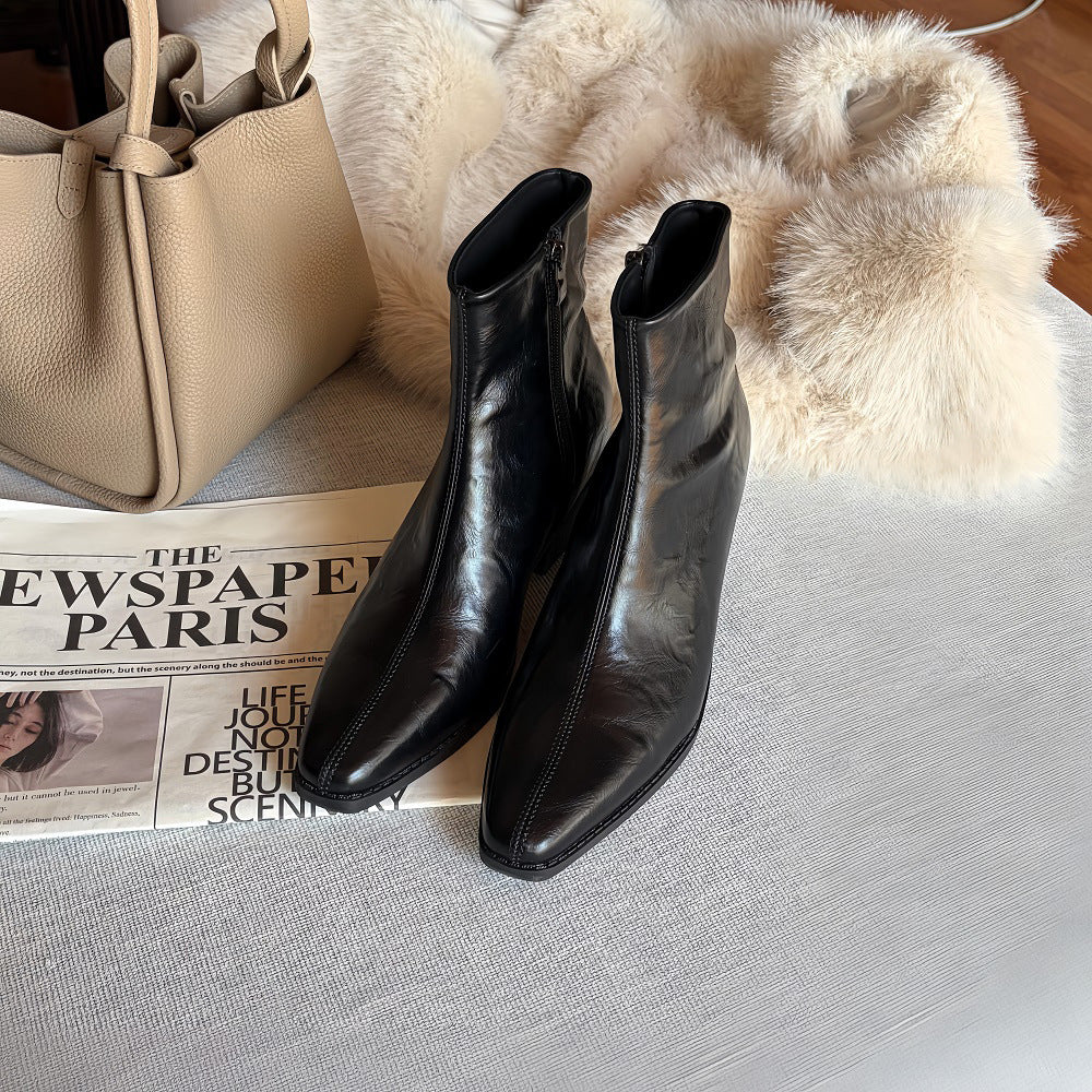 Women's Increasing Retro Cow Suede Square Toe Chunky Short Authentic Comfortable Heels