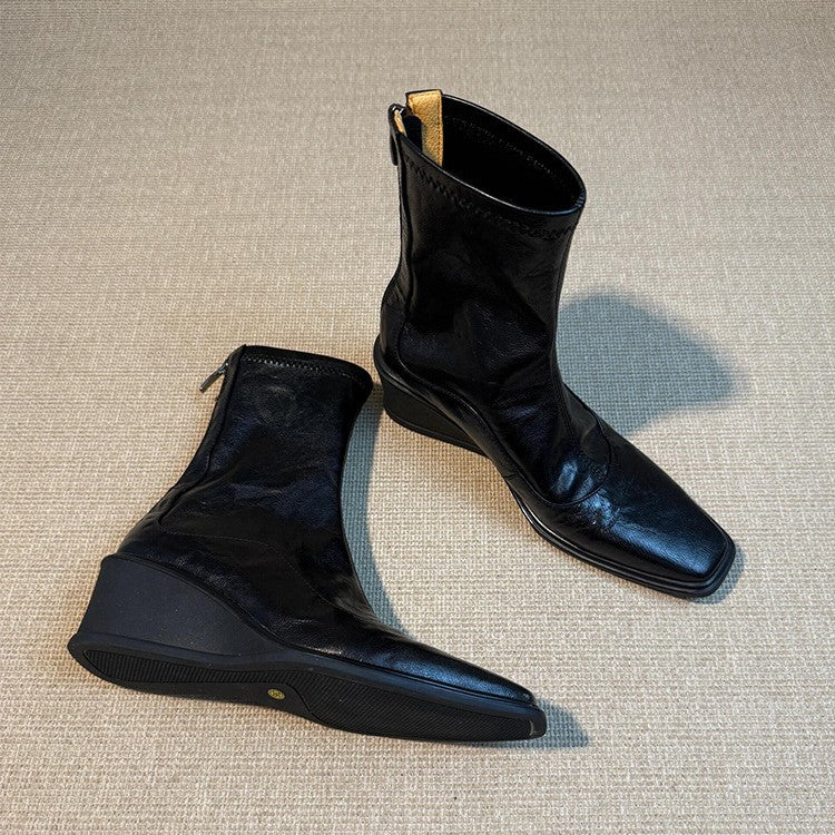 Wedge Platform Increased Stretch Thin Female Square Toe Women's Leather Boots