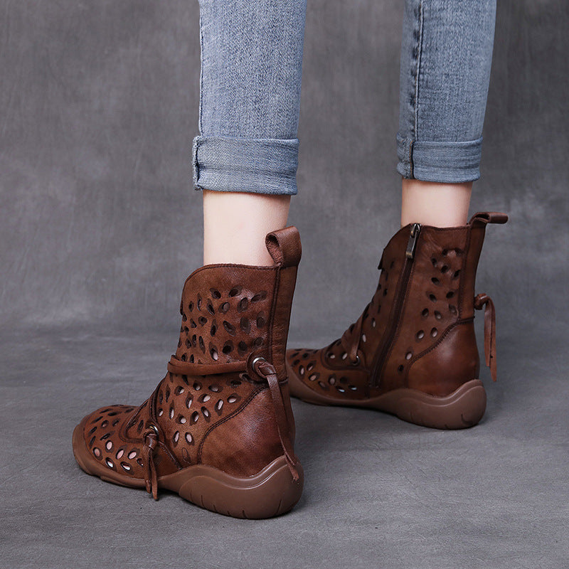 Women's Handmade Authentic Hollow Out Hole Soft Bottom Breathable Single-layer Women's Leather Boots