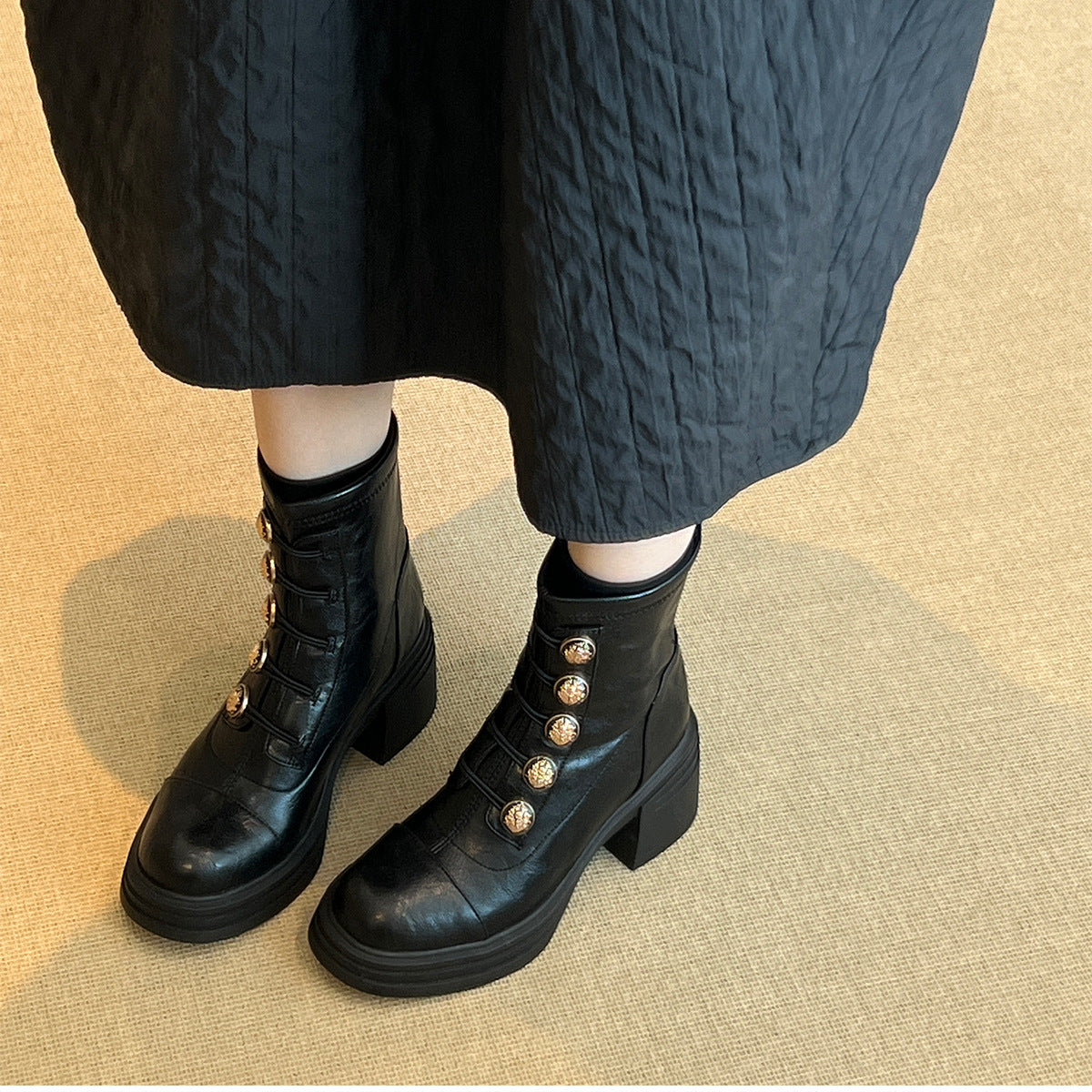 Women's Button Ankle Retro British Style High Stretch Skinny Women's Leather Boots