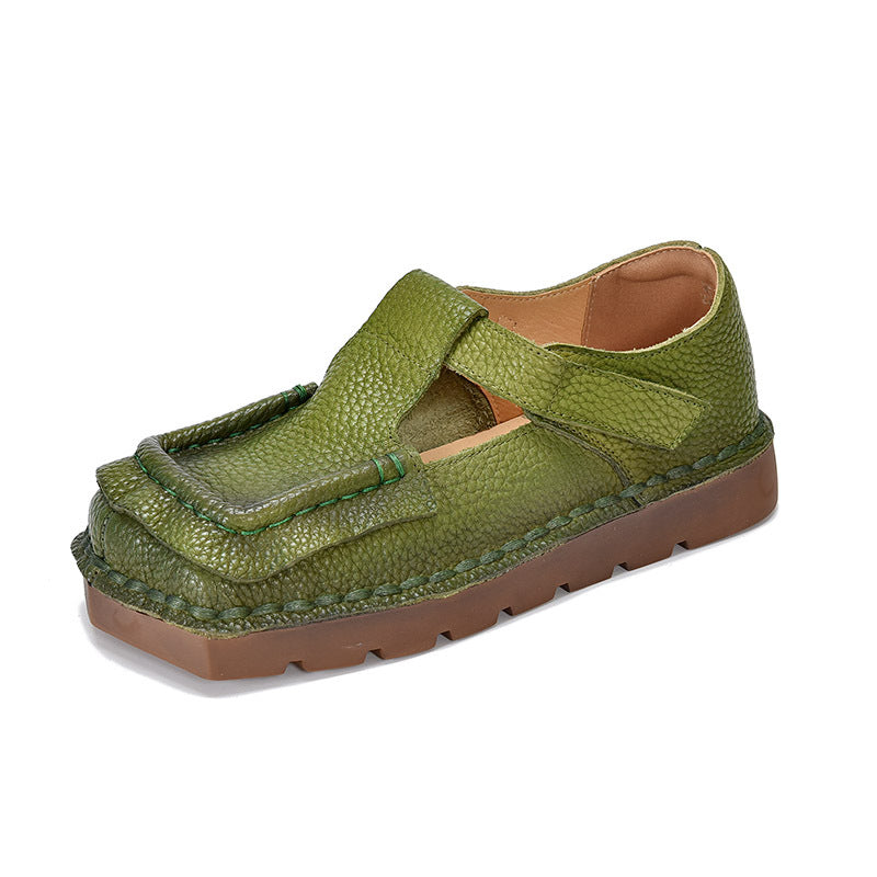 Women's First Layer Of Cowhide Soft Bottom Surface Square Toe Flat Women's Shoes