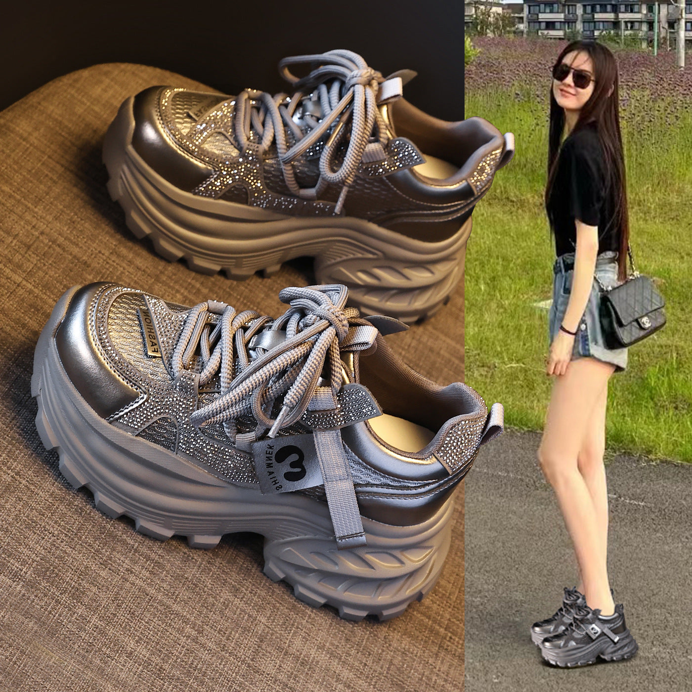 Women's Platform Height Increasing Insole Fashion Rhinestone Dad Casual Shoes