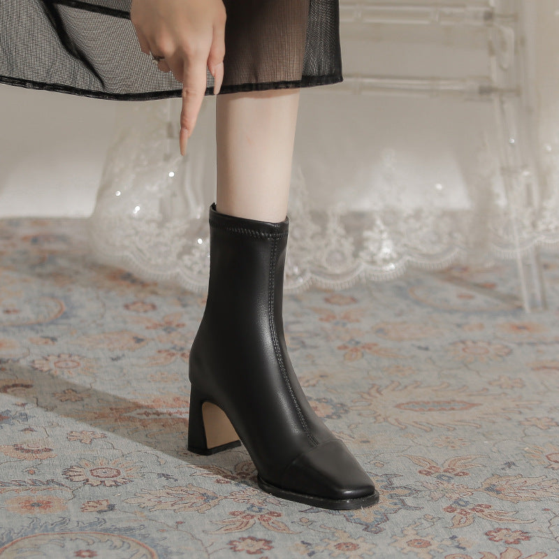 Square Toe Chunky Rear Zipper Martin High Heels