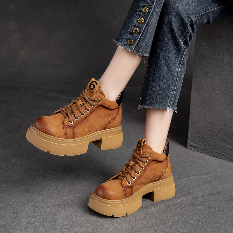 Women's Autumn Round Toe Solid Color Front Martin Versatile Fashion Platform Women's Leather Boots