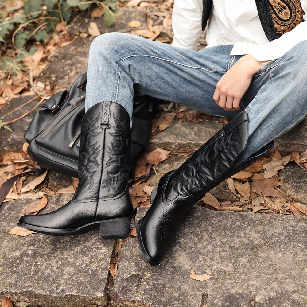 Men's Embroidery High Wooden Root Western Cowboy Zipper Bag Men's Leather Boots